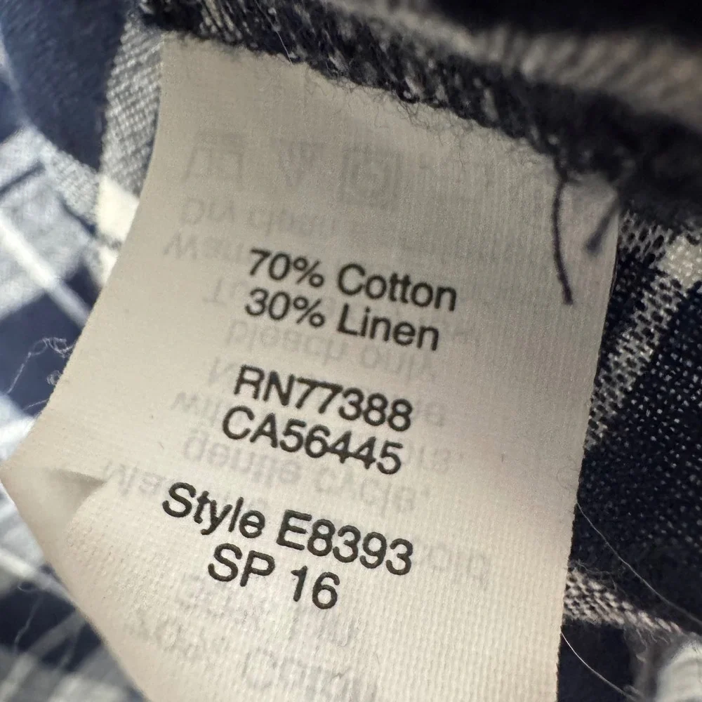 Madewell Plaid Cotton Linen Blouse Top Womens‎ S Navy Blue White Tassel Tie